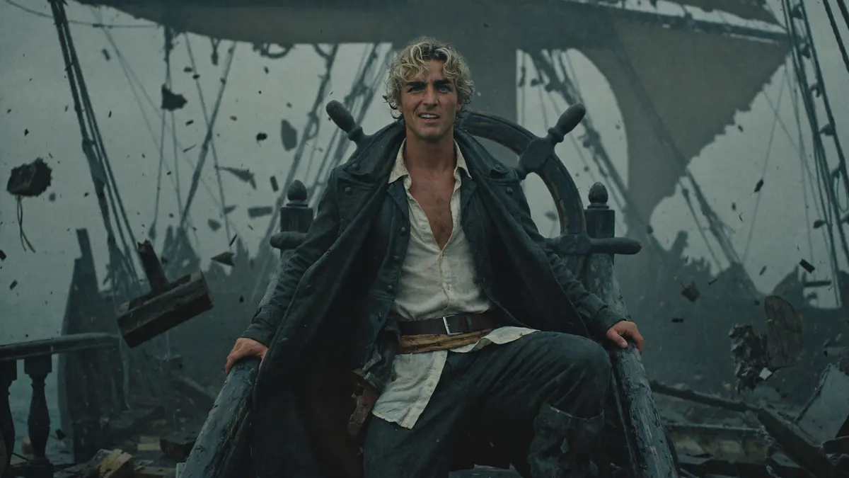 Keyframe I: a young pirate in a dark coat sits at the ship’s wheel as the deck breaks apart around him in the fog.