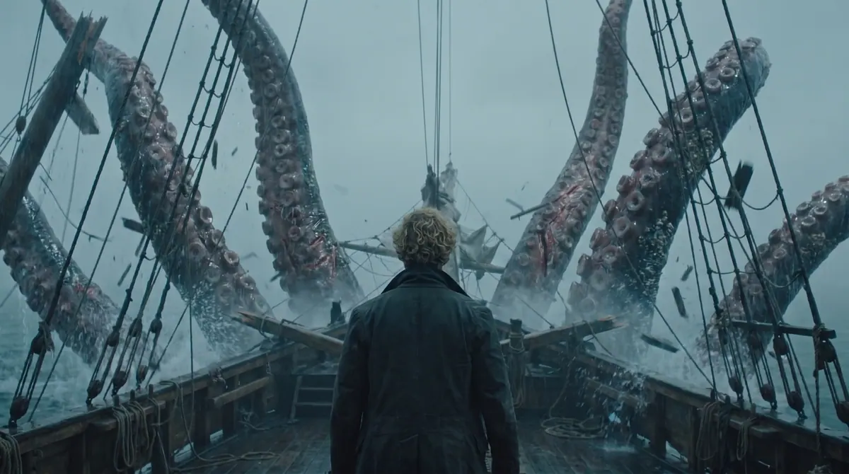 Keyframe IV: from behind, the pirate faces the kraken’s tentacles as they close in over the bow.