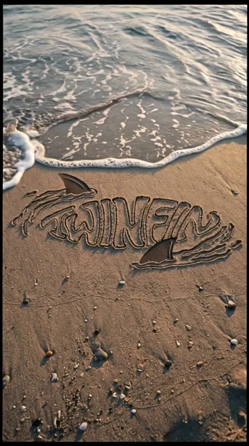 The TWINFIN logo drawn in wet sand as a wave rolls in to wipe it away