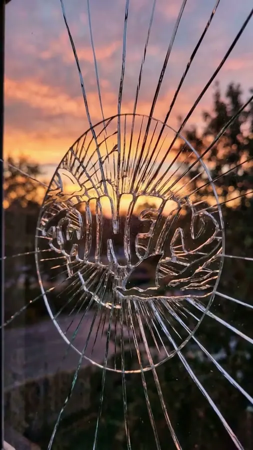 The TWINFIN logo etched into a pane of shattered glass, with a sunset behind